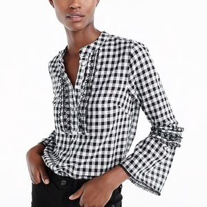 J Crew Gingham Top Size 8 Embroidered Bell Sleeve Popover Cotton Preppy Women